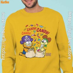 halloween garfield eat candy it’s lifestyle man with yellow sweatshirt