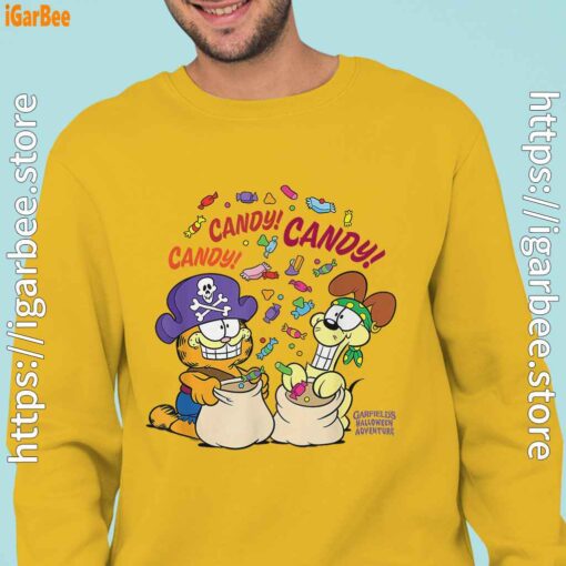 halloween garfield eat candy it’s lifestyle man with yellow sweatshirt