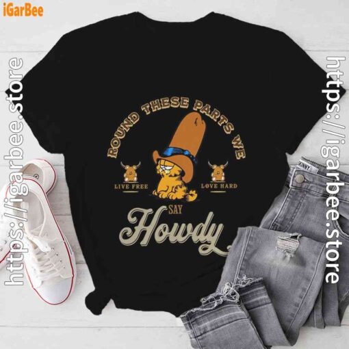 round these parts we love garfield cowboy black tee shirt