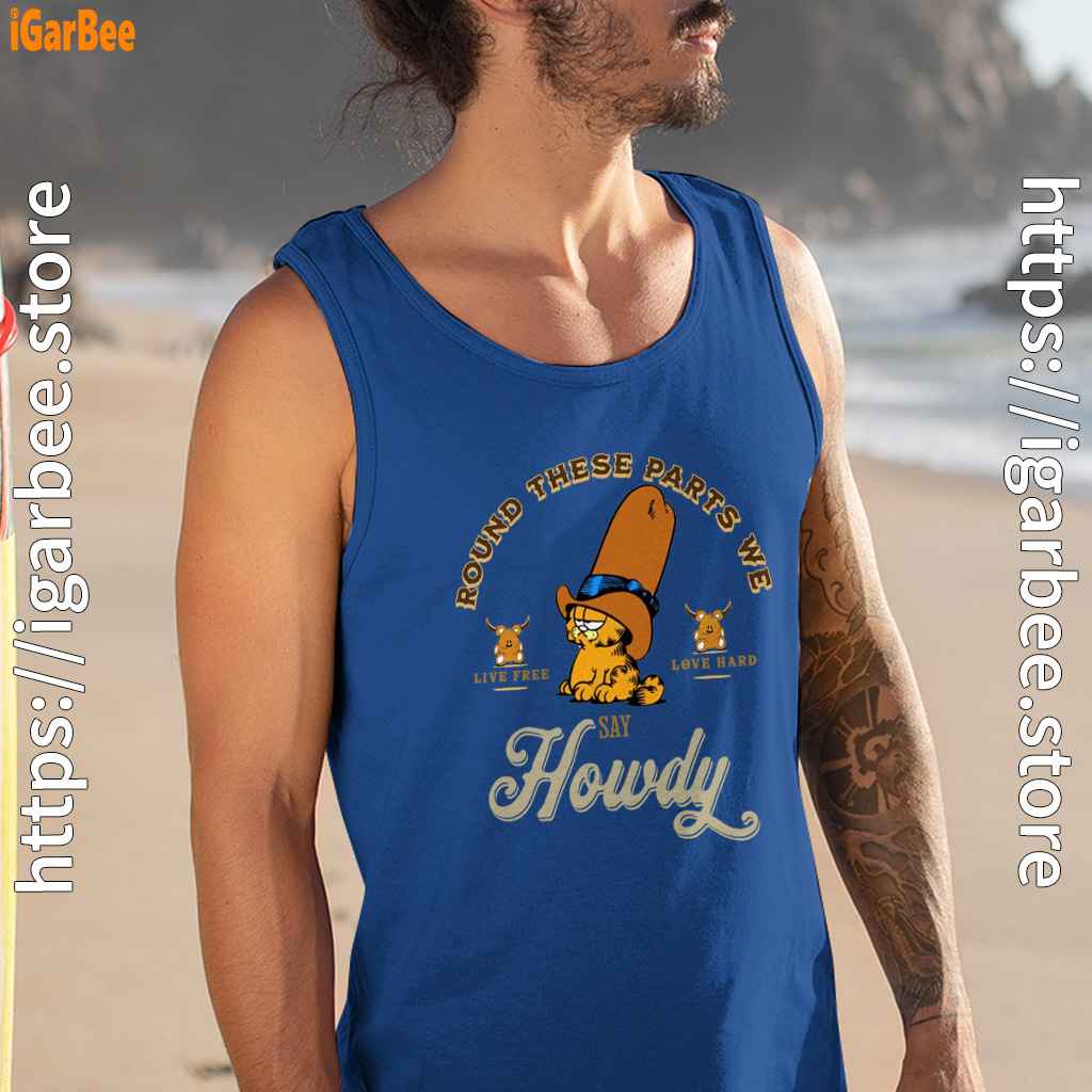 round these parts we love garfield cowboy blue tank top for men round these parts we love garfield cowboy blue tank top for men