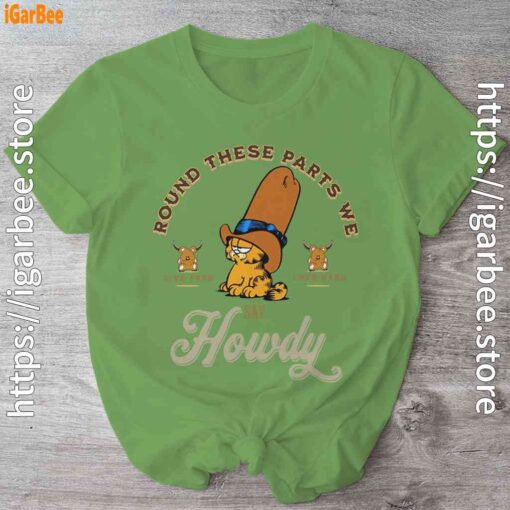 round these parts we love garfield cowboy green shirt