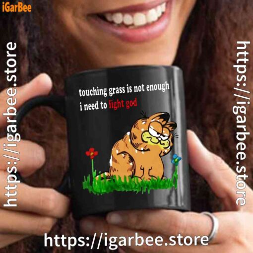 touching grass is not enough garfield black mug