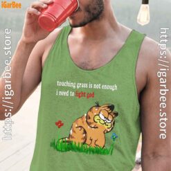 touching grass is not enough garfield men green tank tops