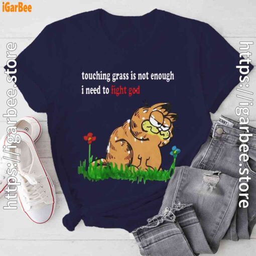 touching grass is not enough garfield navy tee shirt