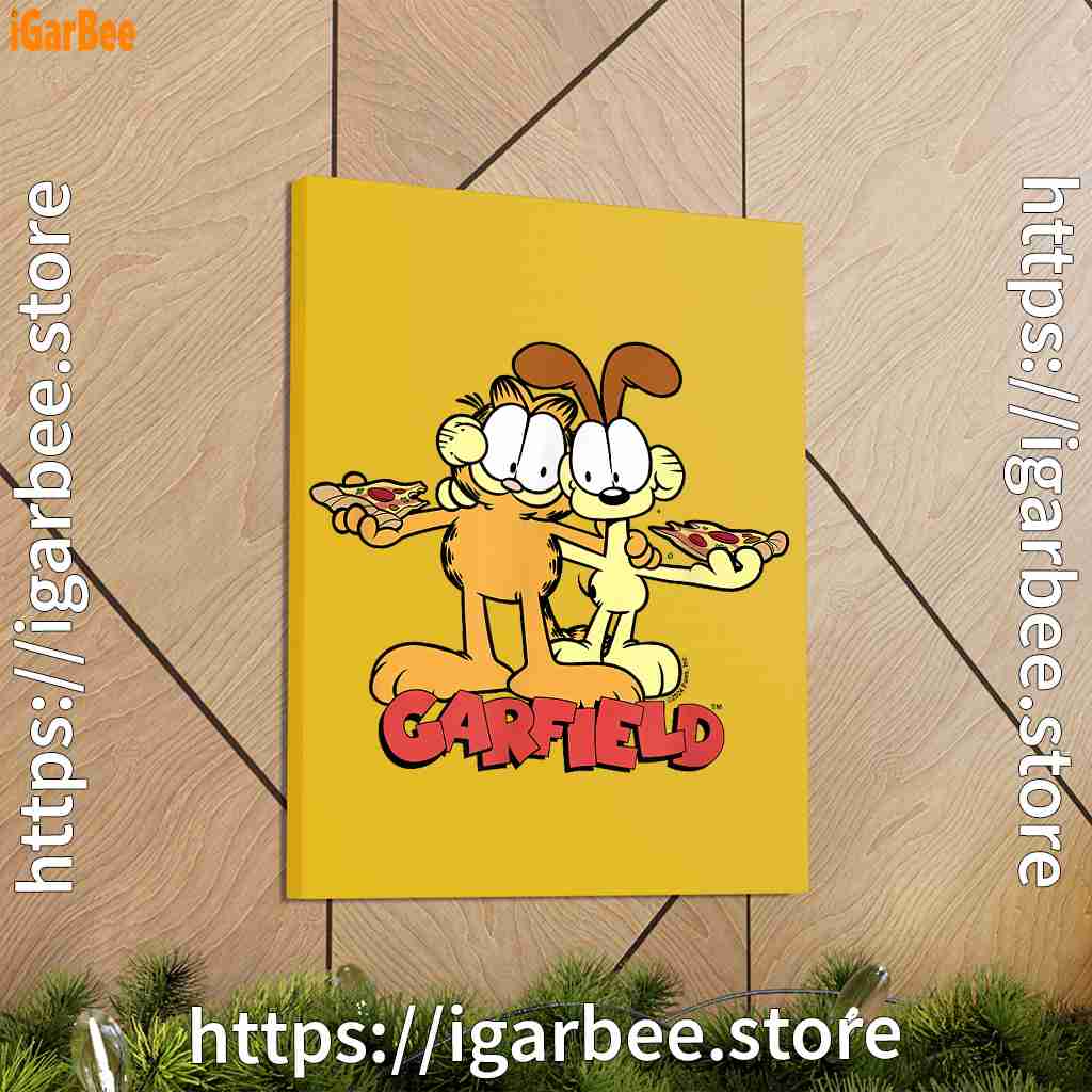 garfield and odie eat pizza together yellow canvas garfield and odie eat pizza together yellow canvas