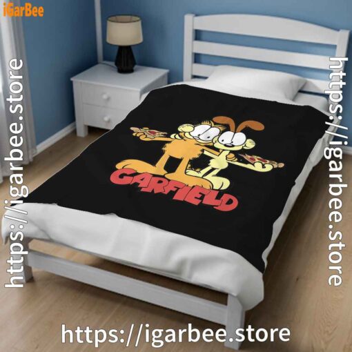 3 garfield and odie eat pizza together black blanket