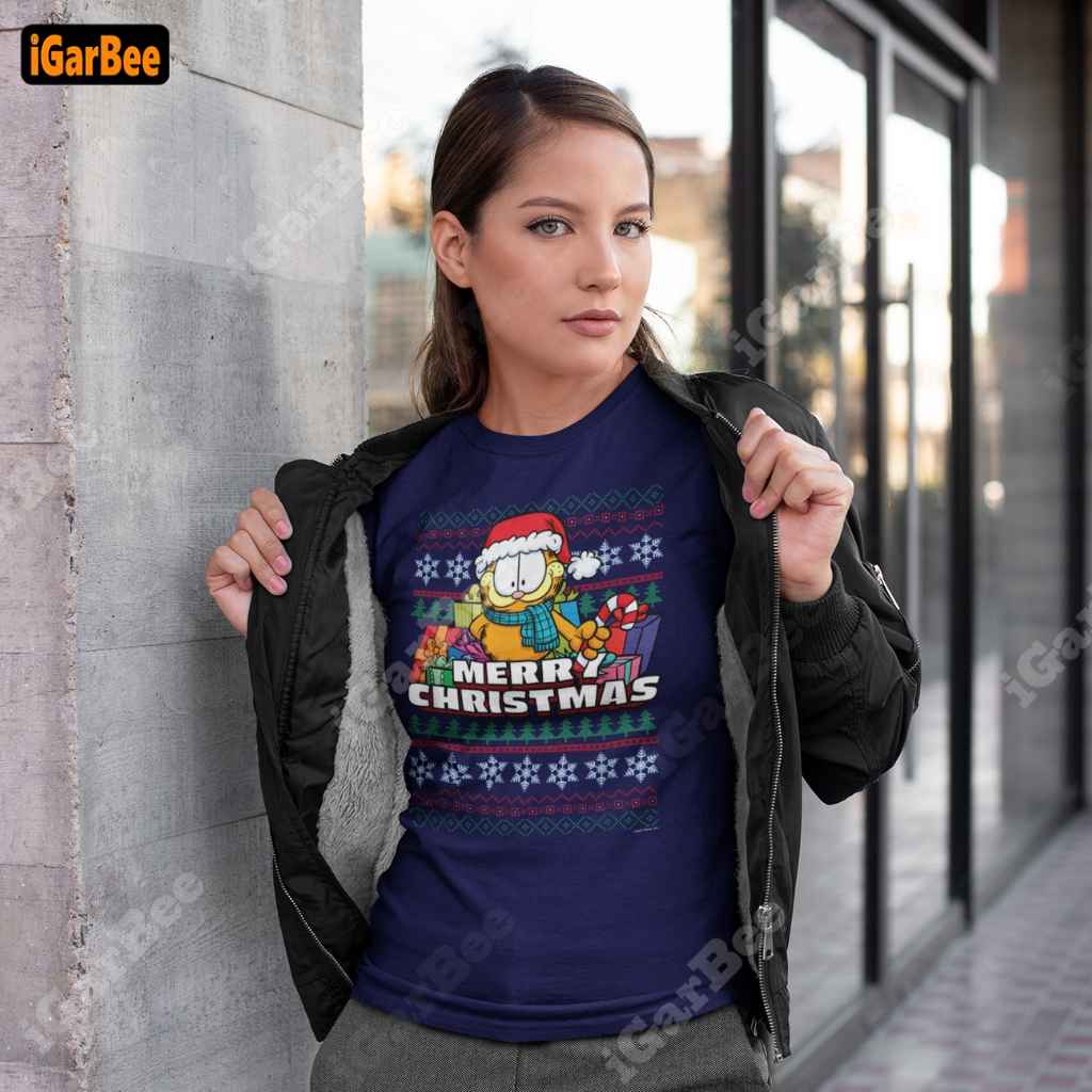 Navy T Shirt Garfield On Christmas Holiday Garfield women's tee