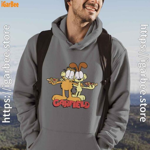 garfield and odie eat pizza together gray men hoodie for male