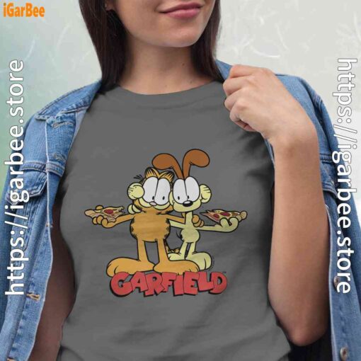 garfield and odie eat pizza together gray shirt for women