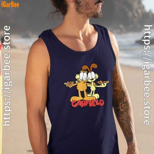 garfield and odie eat pizza together men navy tank top