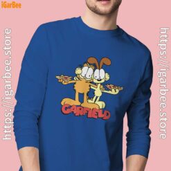 garfield and odie eat pizza together men's blue long sleeve