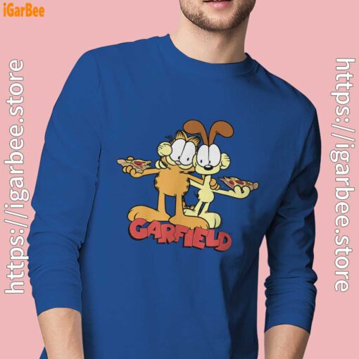 garfield and odie eat pizza together men's blue long sleeve