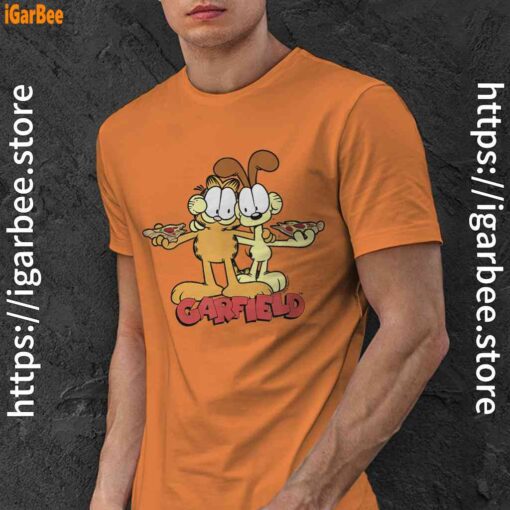 garfield and odie eat pizza together orange men shirt