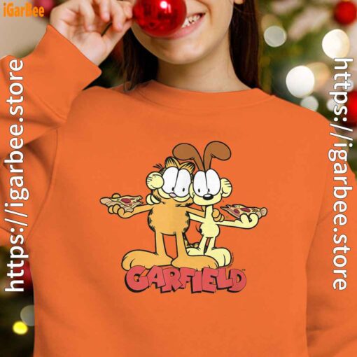 garfield and odie eat pizza together orange sweatshirts for kid girl