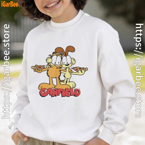 garfield and odie eat pizza together white sweatshirt for kid boy