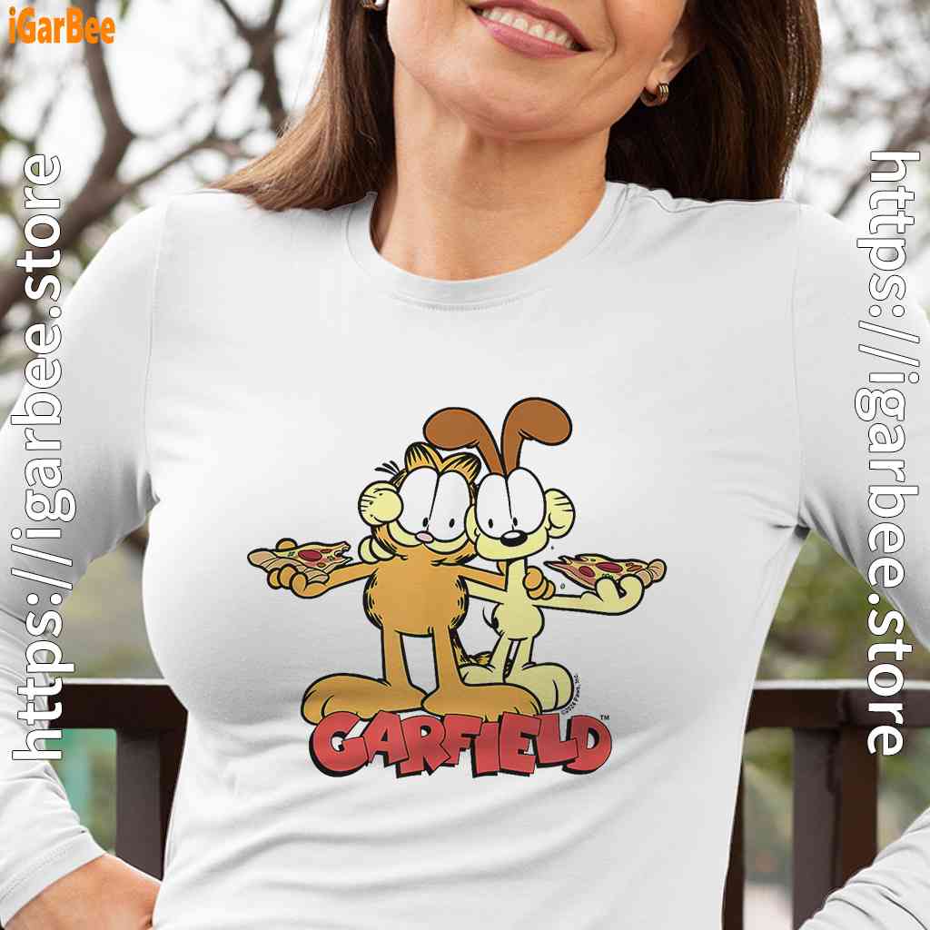 garfield and odie eat pizza together women white long sleeve garfield and odie eat pizza together women white long sleeve