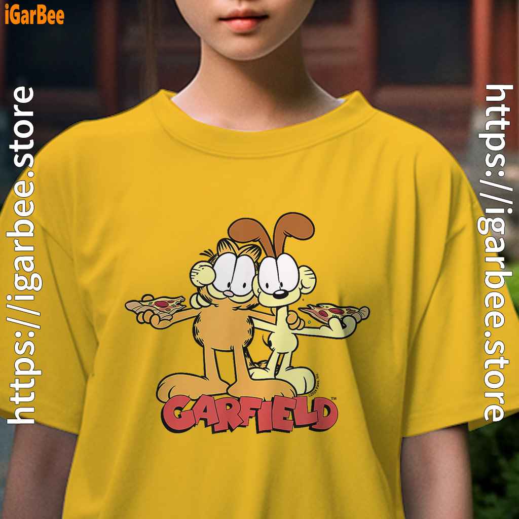 garfield and odie eat pizza together yellow kids girl t shirts garfield and odie eat pizza together yellow kids girl t shirts