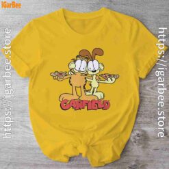 garfield and odie eat pizza together yellow shirt