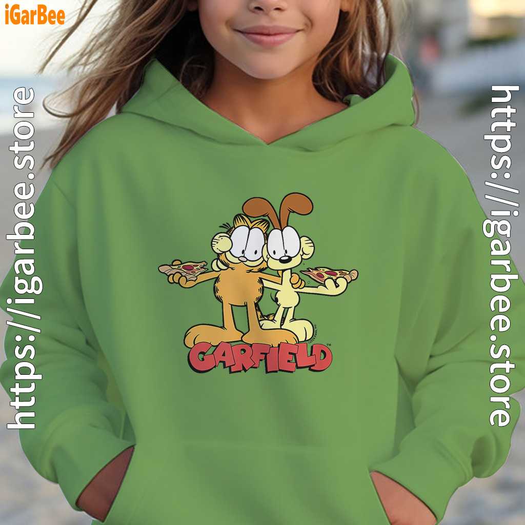 garfield and odie eat pizza together youth girl green hoodie garfield and odie eat pizza together youth girl green hoodie