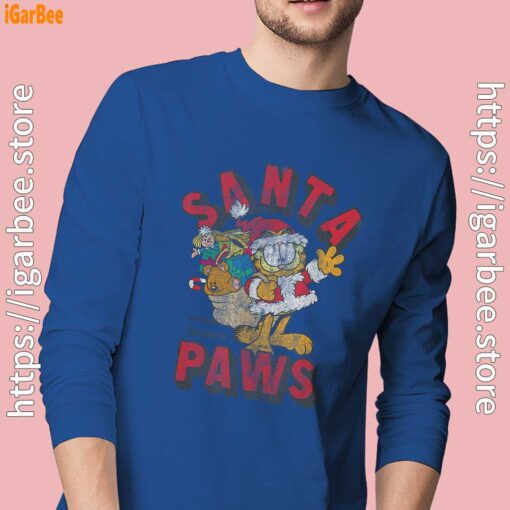 garfield christmas santa paws men's blue long sleeve