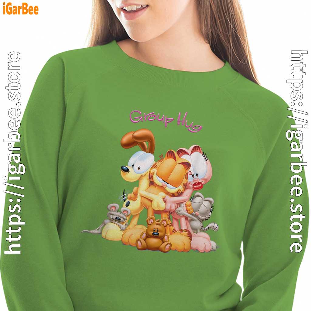 garfield group hug women with green sweatshirt garfield group hug women with green sweatshirt