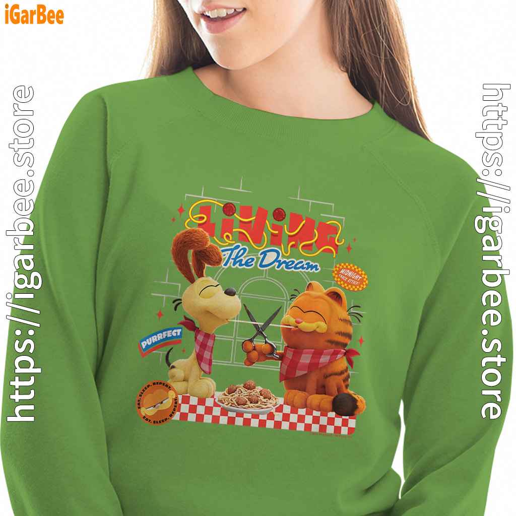 garfield movie living dream odie pasta women with green sweatshirt garfield movie living dream odie pasta women with green sweatshirt
