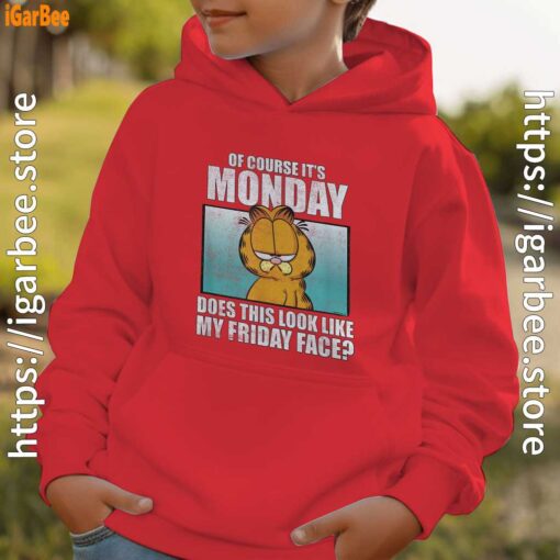 garfield of course its monday friday face red hoodie kids