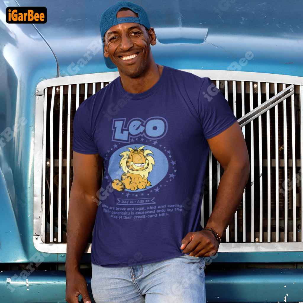 navy men’s garfield leo zodiac shirt playful horoscope humor for leo fans Garfield men’s t-shirt from iGarBee