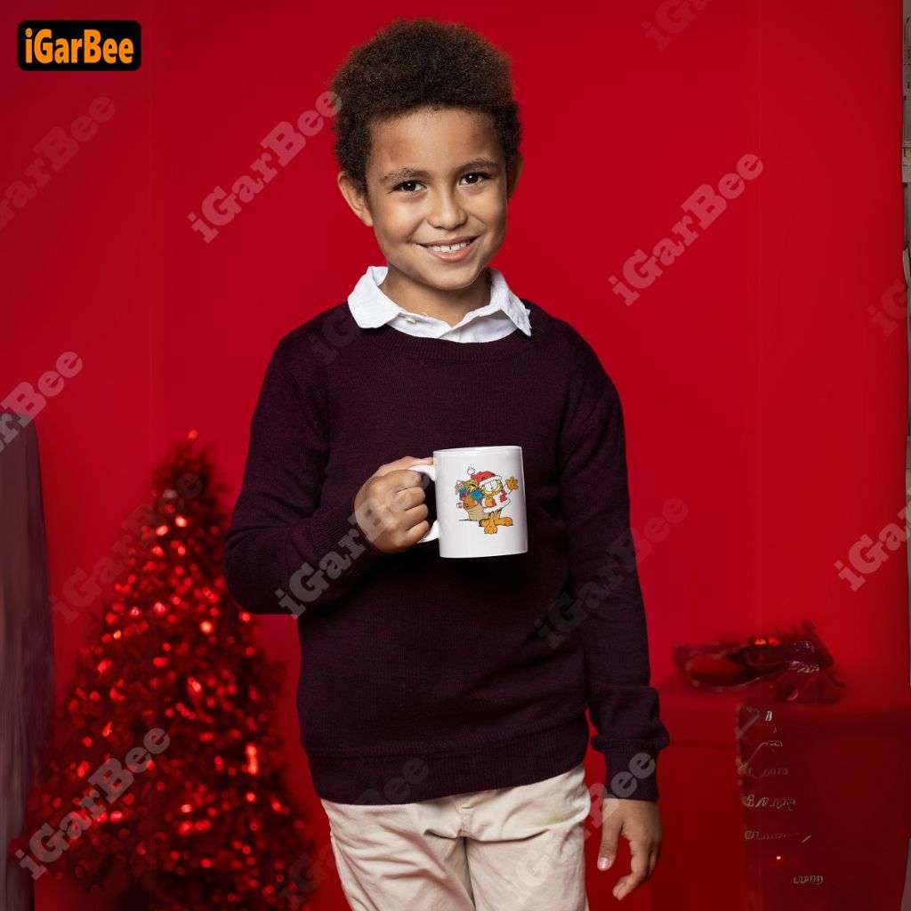 a warm cup of garfield cocoa from igarbee made the boy's christmas extra special gift for son with Garfield cup 11oz