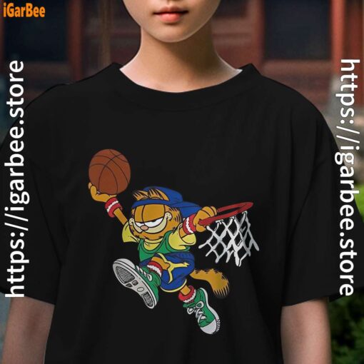 basketball garfield dribbling fun kids girl black t shirt