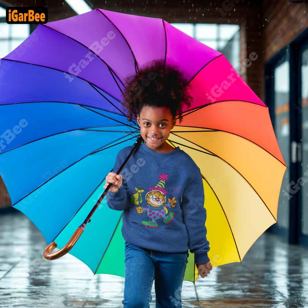 Child wearing a comfy blue Garfield sweatshirt, size XS, playing happily outside.