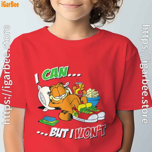 garfield can but wont red t shirt for youth boy