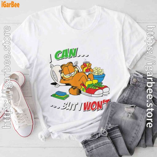 garfield can but wont white tee shirt