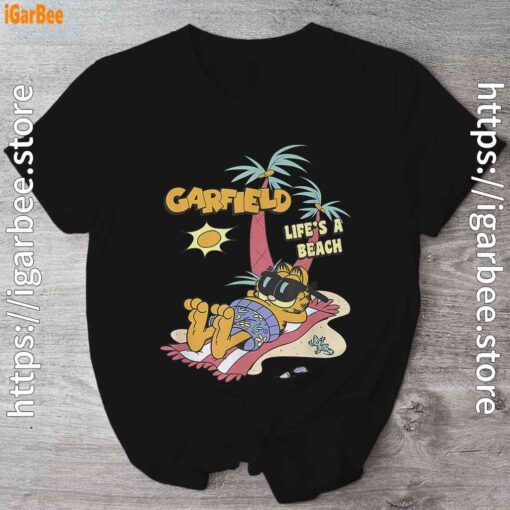 garfield lifes beach retro vintage tropical cat nap black shirt