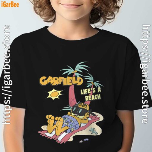 garfield lifes beach retro vintage tropical cat nap black t shirt for kids boy