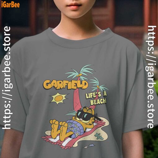 garfield lifes beach retro vintage tropical cat nap kids girl gray tee