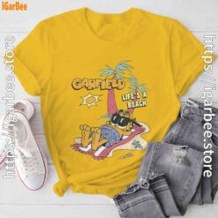 garfield lifes beach retro vintage tropical cat nap yellow tee shirt