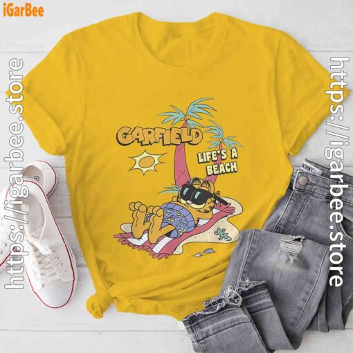 garfield lifes beach retro vintage tropical cat nap yellow tee shirt