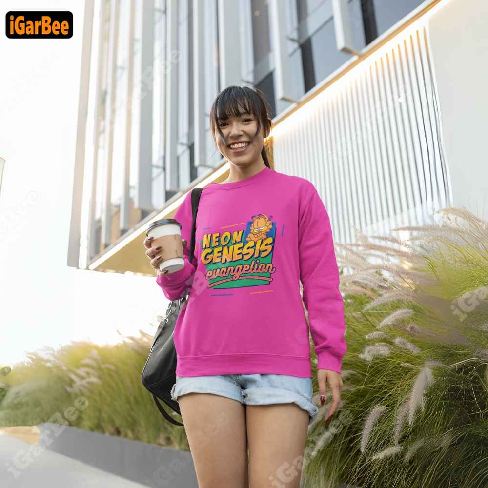 Pink cotton-polyester women's Garfield sweatshirt, size 2XL, featuring a unique Neon Genesis Evangelion crossover design.