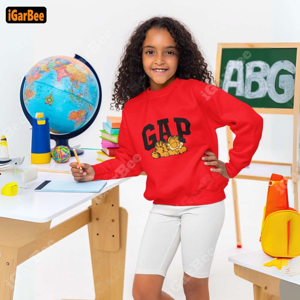 Adorable red Garfield sweatshirts for kids, size M, to help them stay warm and shine confidently at school.