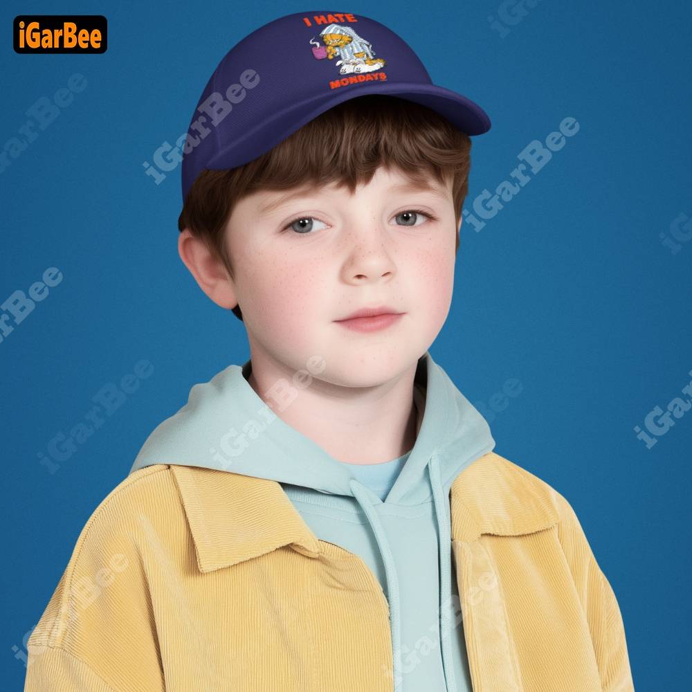the boy looks adorable in navy garfield hat from igarbee gift for son, navy Garfield hat