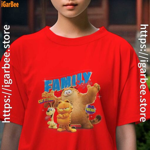 the garfield movie family style cattitude group shot kids girl red t shirt female