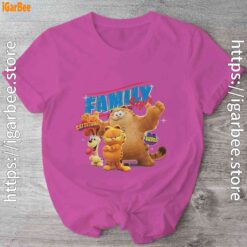the garfield movie family style cattitude group shot pink shirt