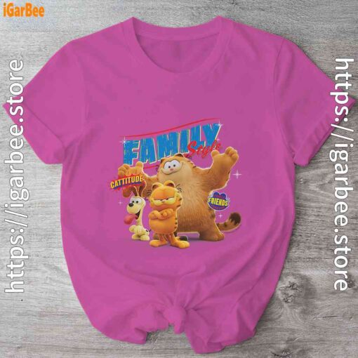 the garfield movie family style cattitude group shot pink shirt