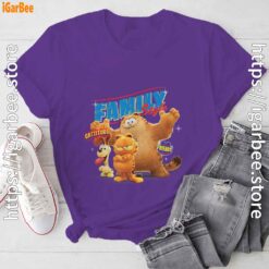 the garfield movie family style cattitude group shot purple tee shirt