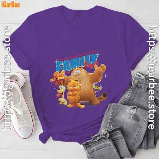 the garfield movie family style cattitude group shot purple tee shirt