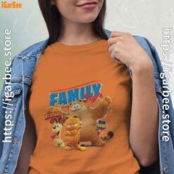 the garfield movie family style cattitude group shot women orange t shirt