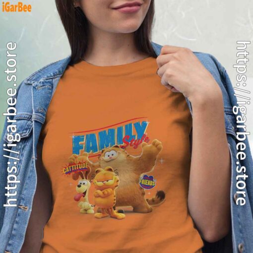 the garfield movie family style cattitude group shot women orange t shirt