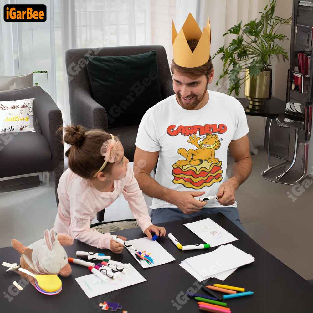 the happy dad is wearing a white garfield t shirt which is soft and easy to wear White Garfield Tee Size L: Father's Day Gift from Daughter