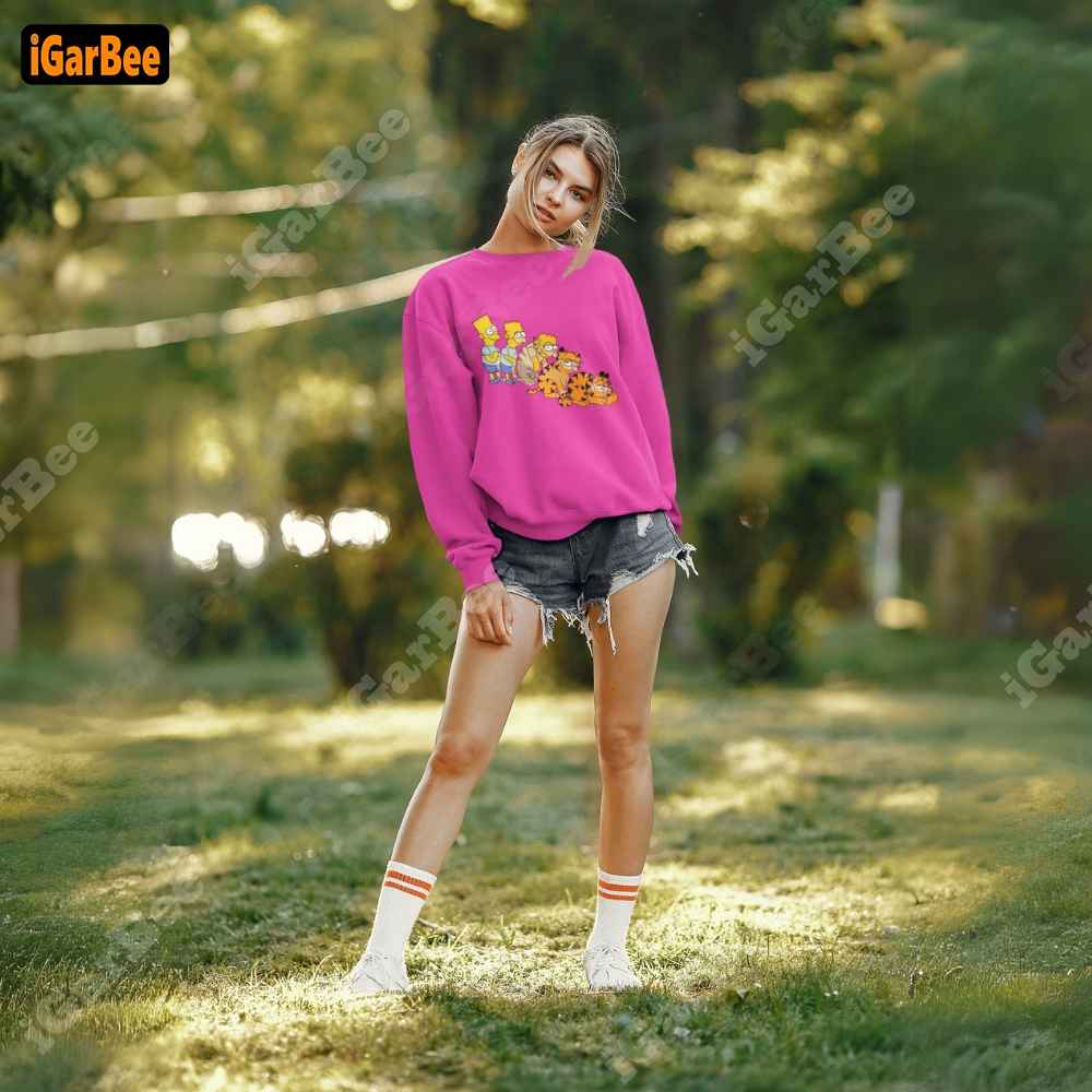 Unique pink Garfield sweatshirts for women, featuring a design of Bart Simpson slowly turning into Garfield.